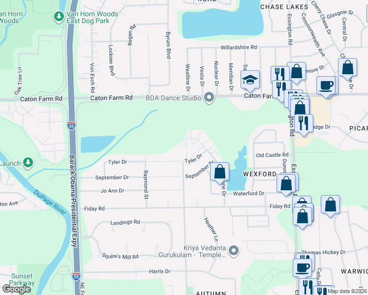 map of restaurants, bars, coffee shops, grocery stores, and more near 2347 Graystone Drive in Joliet