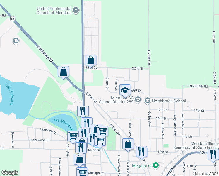 map of restaurants, bars, coffee shops, grocery stores, and more near 2003 Diana Drive in Mendota