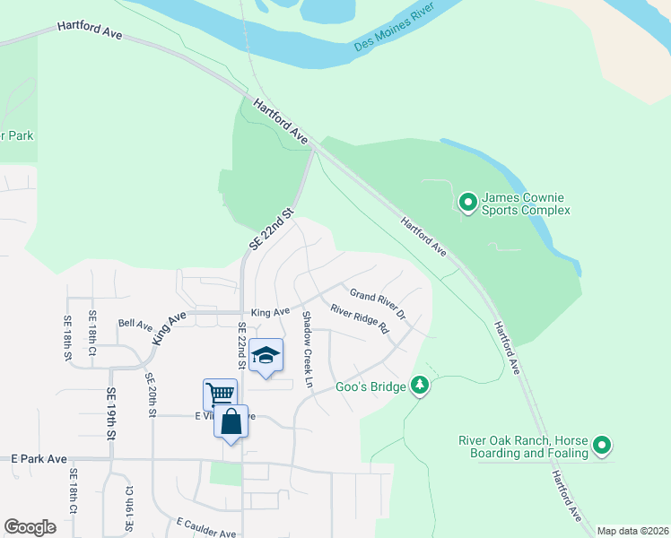 map of restaurants, bars, coffee shops, grocery stores, and more near 2400 Southeast King Avenue in Des Moines