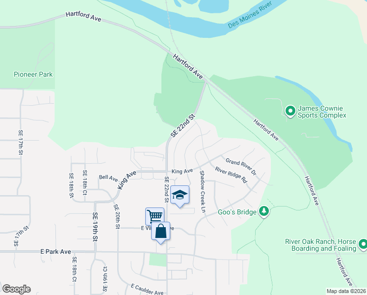 map of restaurants, bars, coffee shops, grocery stores, and more near 2528 River Meadows Drive in Des Moines