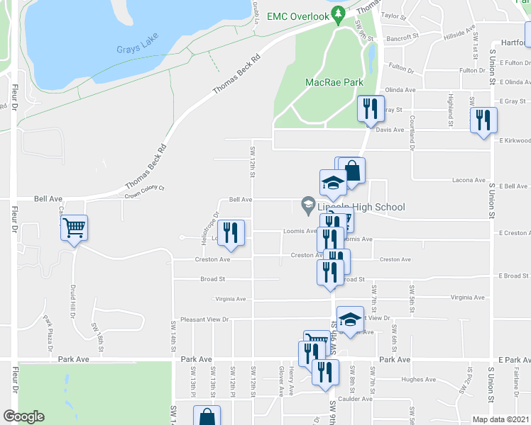 map of restaurants, bars, coffee shops, grocery stores, and more near 2519 Southwest 12th Street in Des Moines