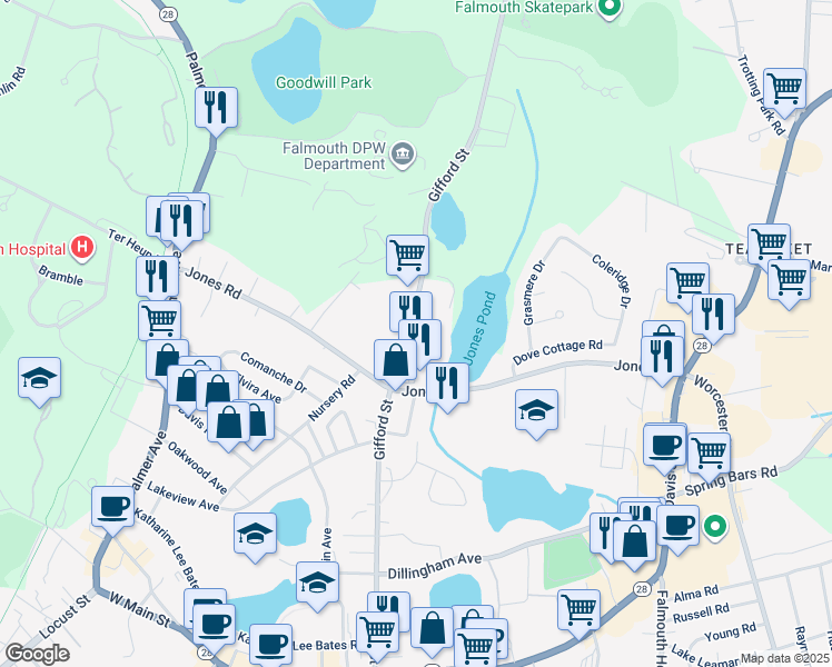 map of restaurants, bars, coffee shops, grocery stores, and more near 337 Gifford Street in Falmouth