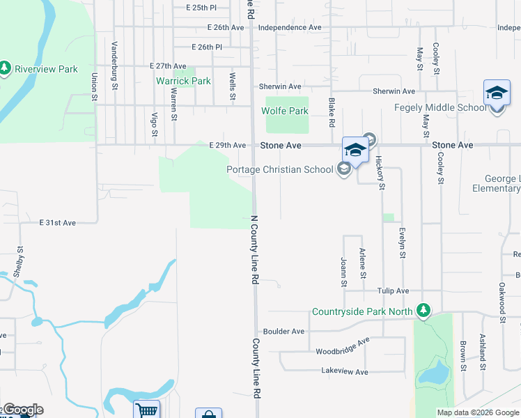 map of restaurants, bars, coffee shops, grocery stores, and more near 2986 County Line Road in Gary