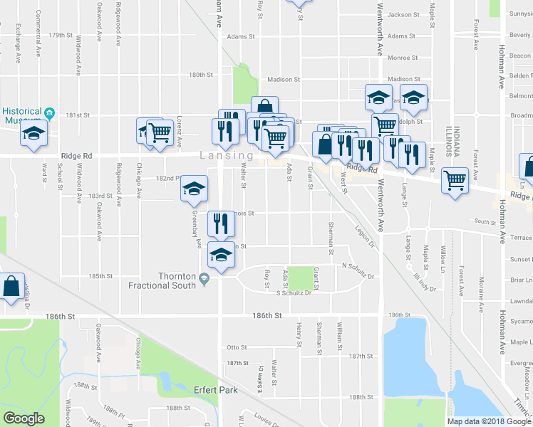 map of restaurants, bars, coffee shops, grocery stores, and more near 18300 Roy Street in Lansing