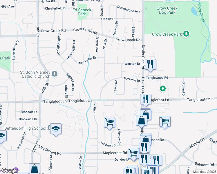 map of restaurants, bars, coffee shops, grocery stores, and more near 3065 Parkwild Drive in Bettendorf