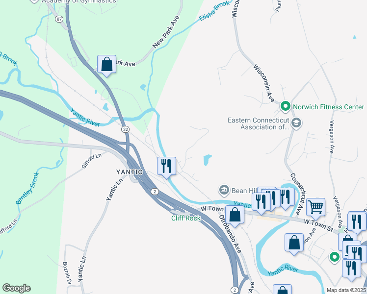 map of restaurants, bars, coffee shops, grocery stores, and more near 38 Sunnyside Street in Norwich