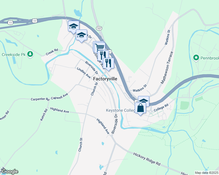 map of restaurants, bars, coffee shops, grocery stores, and more near 214 Riverside Drive in Factoryville