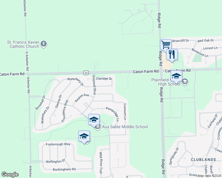 map of restaurants, bars, coffee shops, grocery stores, and more near 8200 Waterbury Drive in Joliet