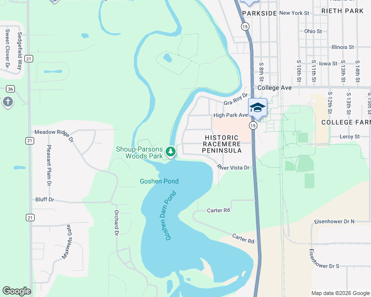 map of restaurants, bars, coffee shops, grocery stores, and more near 413 River Vista Drive in Goshen