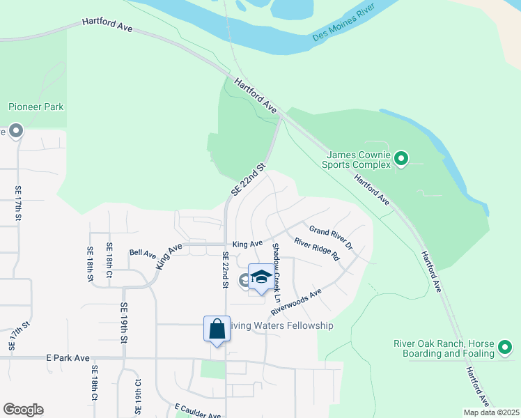map of restaurants, bars, coffee shops, grocery stores, and more near 2528 River Meadows Drive in Des Moines