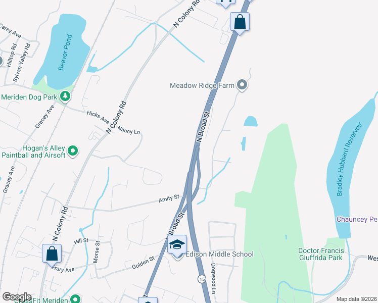 map of restaurants, bars, coffee shops, grocery stores, and more near 1652 North Broad Street in Meriden