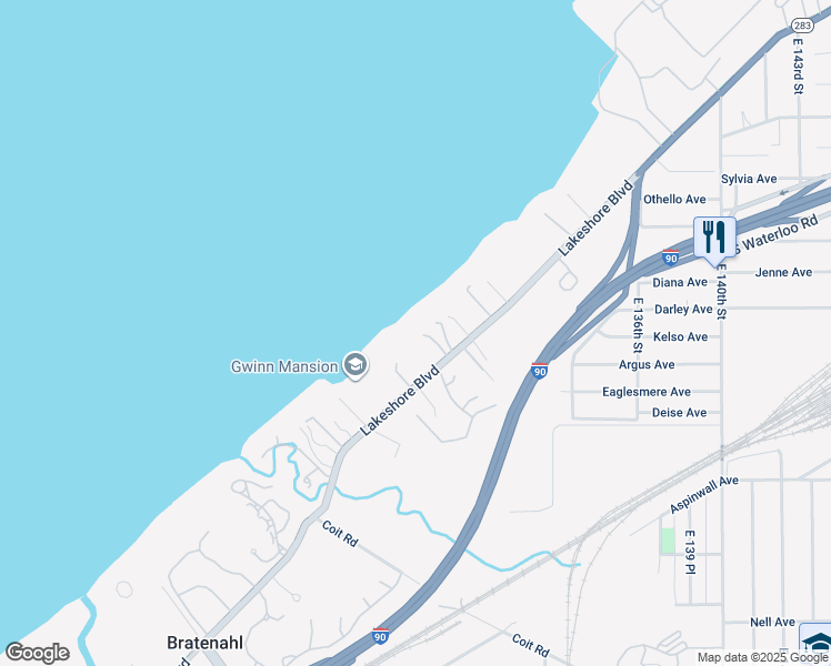 map of restaurants, bars, coffee shops, grocery stores, and more near 12717 Lakeshore Boulevard in Bratenahl