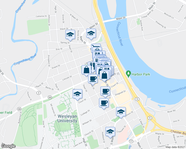 map of restaurants, bars, coffee shops, grocery stores, and more near 120 Washington Street in Middletown