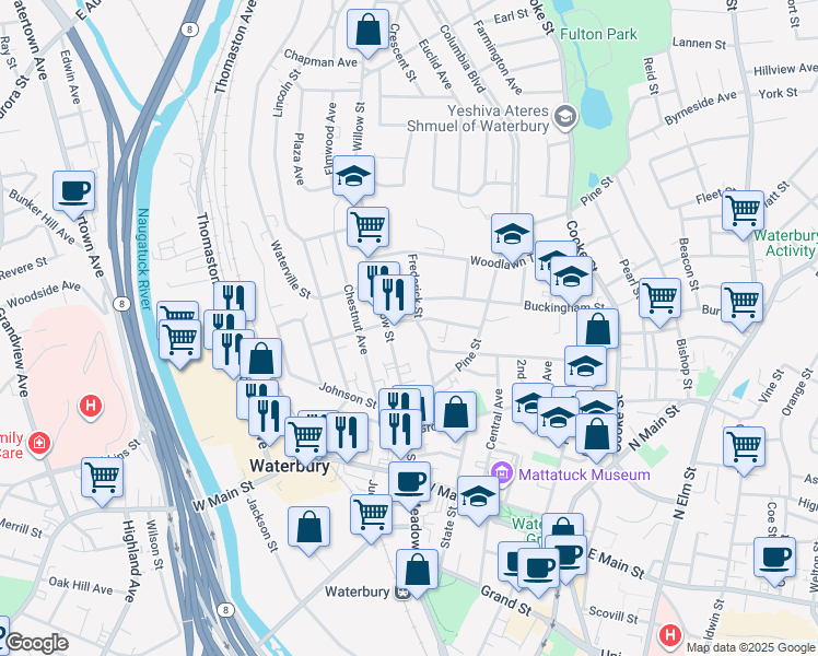 map of restaurants, bars, coffee shops, grocery stores, and more near 191 Hillside Avenue in Waterbury