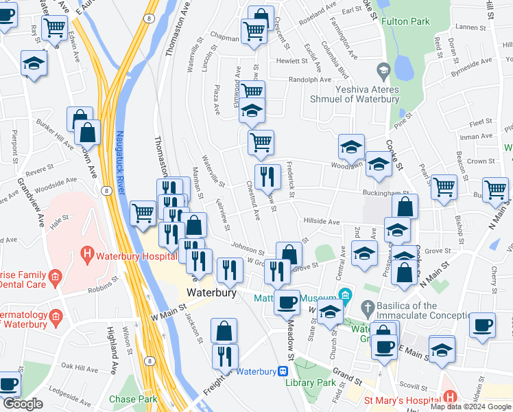 map of restaurants, bars, coffee shops, grocery stores, and more near 78 Chestnut Avenue in Waterbury