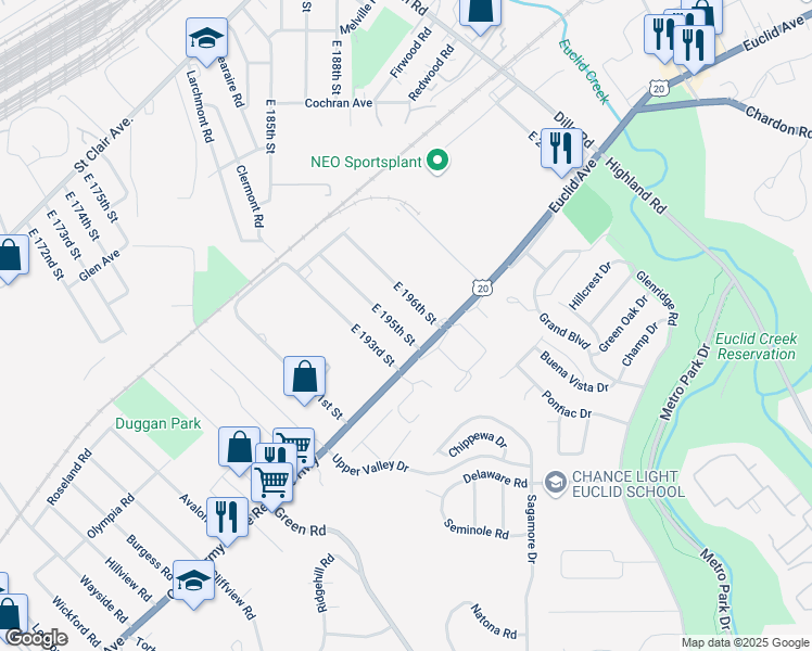 map of restaurants, bars, coffee shops, grocery stores, and more near 195 East Boulevard in Euclid