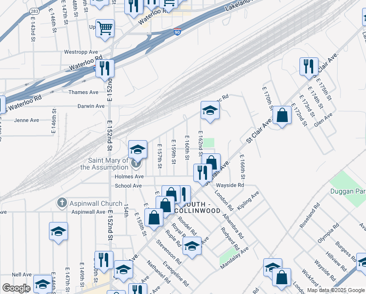 map of restaurants, bars, coffee shops, grocery stores, and more near 689 East 160th Street in Cleveland