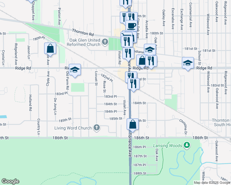 map of restaurants, bars, coffee shops, grocery stores, and more near 18337 Hickory Avenue in Lansing