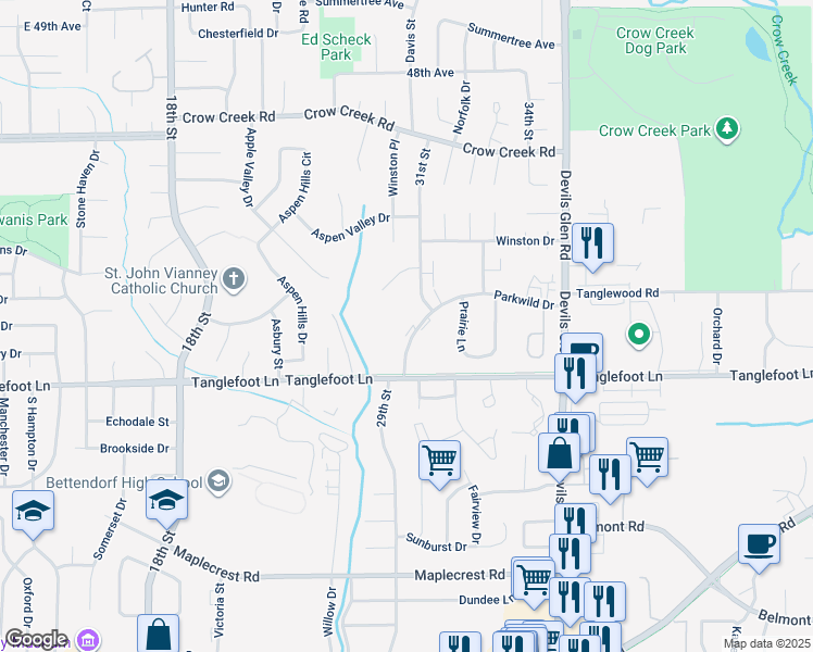 map of restaurants, bars, coffee shops, grocery stores, and more near 3065 Parkwild Drive in Bettendorf