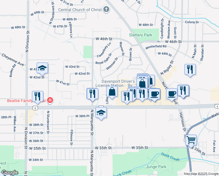 map of restaurants, bars, coffee shops, grocery stores, and more near 201 Lillie Avenue in Davenport