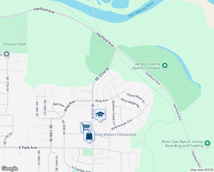 map of restaurants, bars, coffee shops, grocery stores, and more near 2528 River Meadows Drive in Des Moines