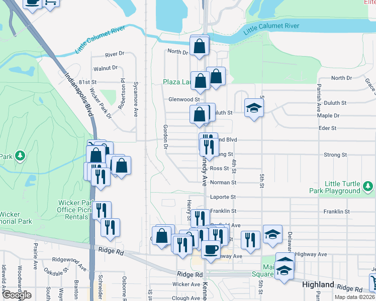 map of restaurants, bars, coffee shops, grocery stores, and more near 2714 Strong St in Highland