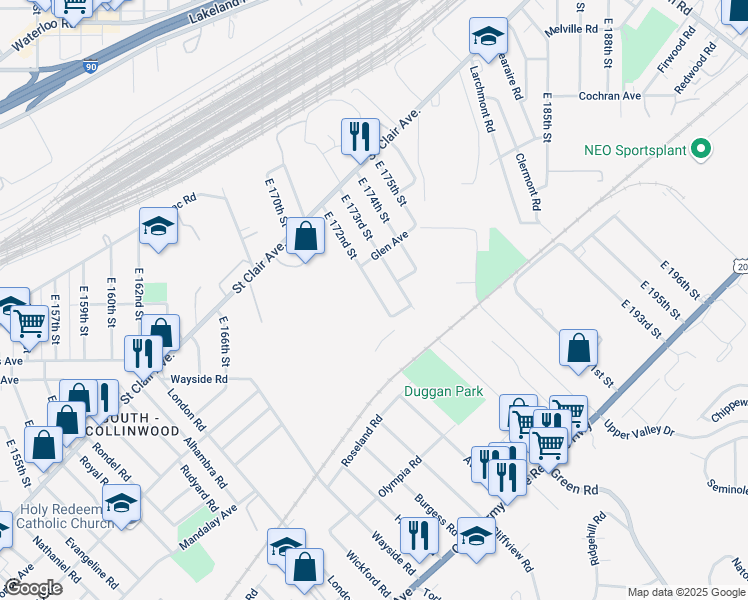 map of restaurants, bars, coffee shops, grocery stores, and more near 1538 East 172nd Street in Cleveland