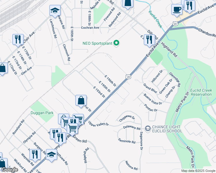 map of restaurants, bars, coffee shops, grocery stores, and more near 195 East Boulevard in Euclid