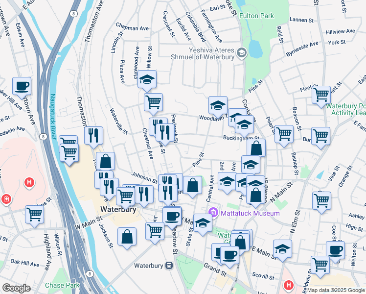 map of restaurants, bars, coffee shops, grocery stores, and more near 170 Hillside Avenue in Waterbury