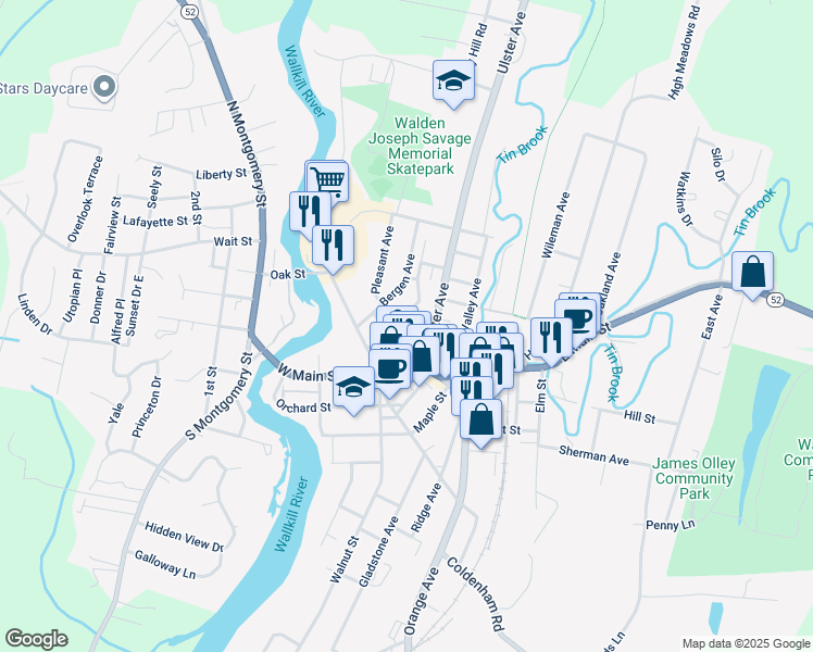 map of restaurants, bars, coffee shops, grocery stores, and more near 12 High Street in Walden