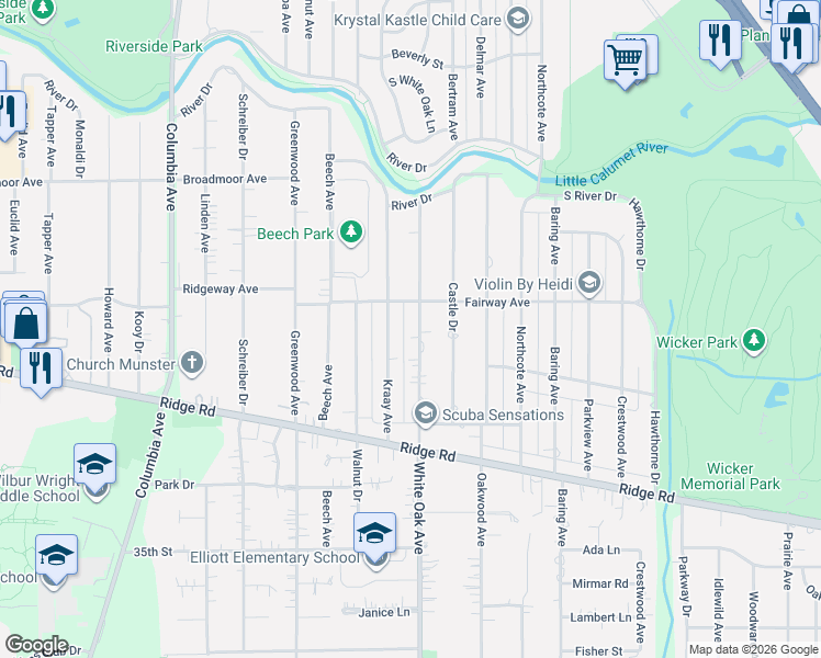 map of restaurants, bars, coffee shops, grocery stores, and more near 8331-8343 White Oak Ave in Munster