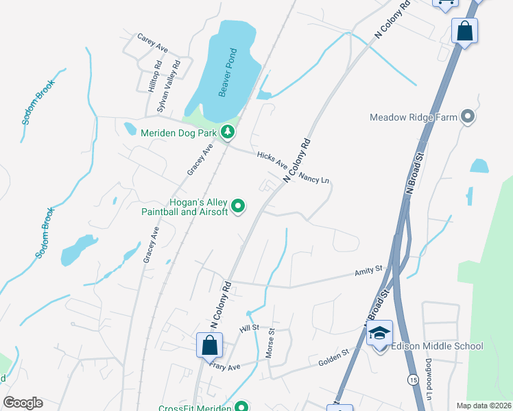 map of restaurants, bars, coffee shops, grocery stores, and more near 1040 North Colony Road in Meriden