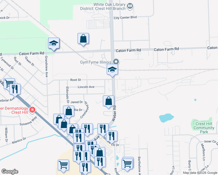 map of restaurants, bars, coffee shops, grocery stores, and more near 2213 Weber Road in Crest Hill