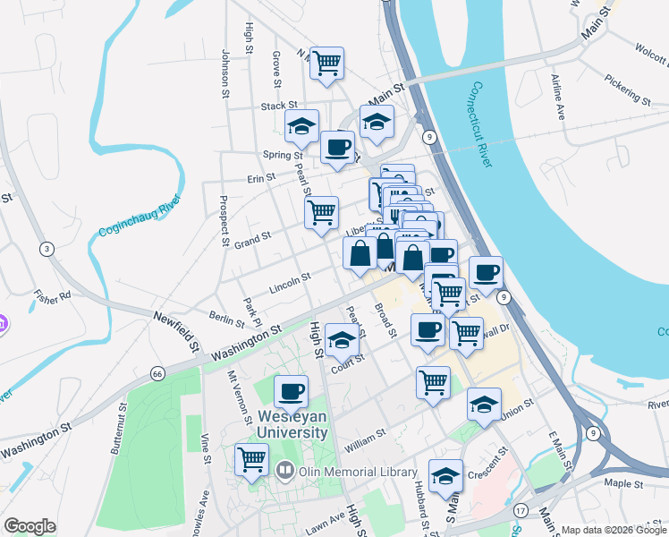 map of restaurants, bars, coffee shops, grocery stores, and more near Pearl Street in Middletown