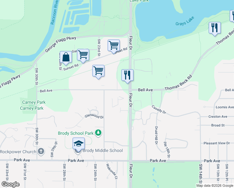 map of restaurants, bars, coffee shops, grocery stores, and more near 2270 Bell Avenue in Des Moines
