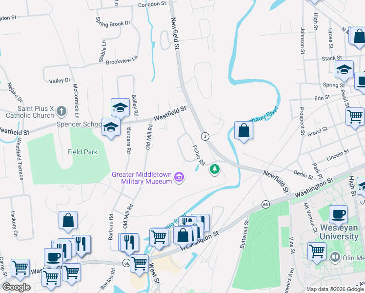 map of restaurants, bars, coffee shops, grocery stores, and more near 60 Meech Road in Middletown