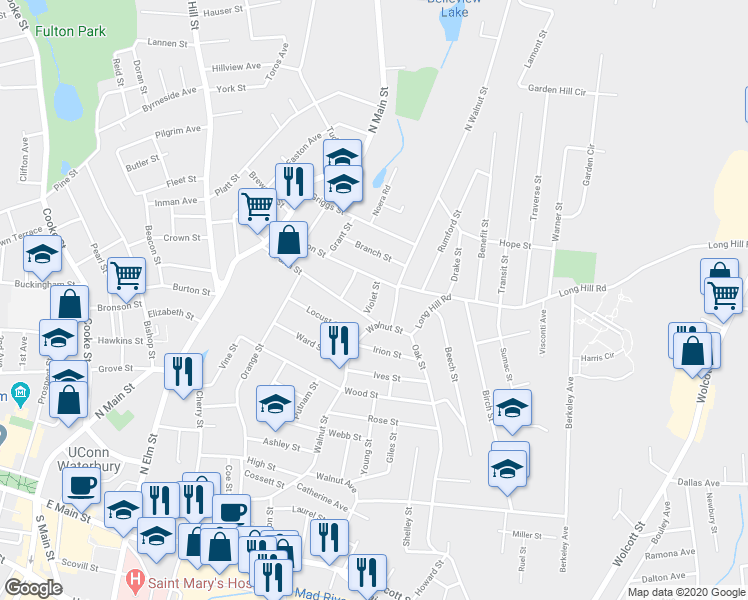 map of restaurants, bars, coffee shops, grocery stores, and more near 14 Violet Street in Waterbury