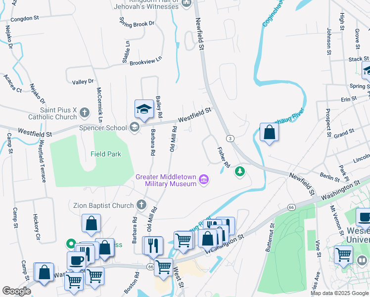 map of restaurants, bars, coffee shops, grocery stores, and more near 39 Meech Road in Middletown