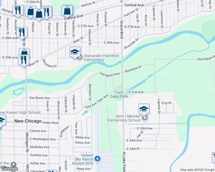 map of restaurants, bars, coffee shops, grocery stores, and more near 3055 Howard Street in New Chicago