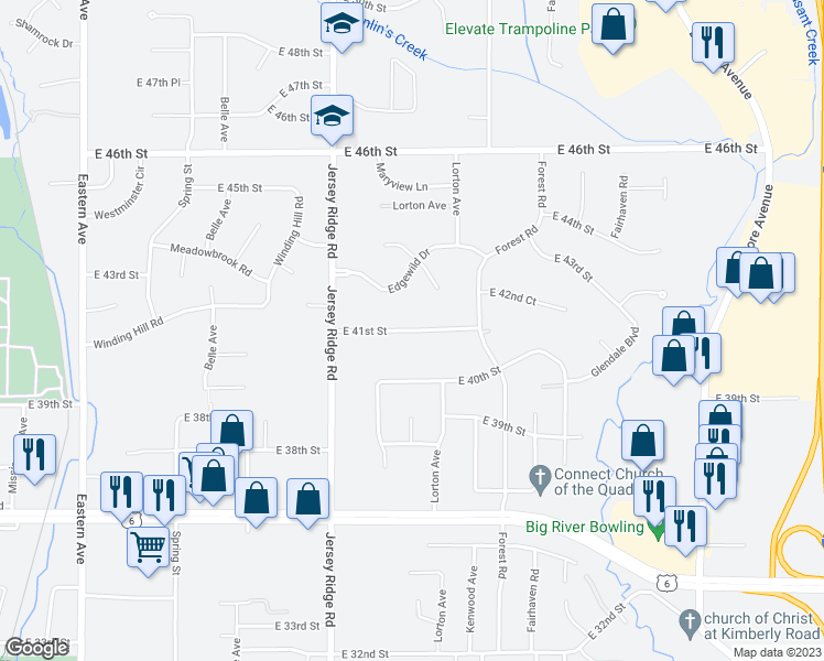 map of restaurants, bars, coffee shops, grocery stores, and more near 2526 East 41st Street in Davenport