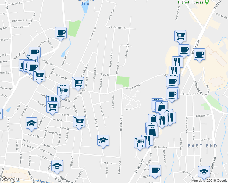 map of restaurants, bars, coffee shops, grocery stores, and more near 248 Long Hill Road in Waterbury