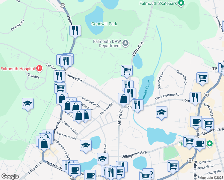 map of restaurants, bars, coffee shops, grocery stores, and more near 186 Jones Road in Falmouth