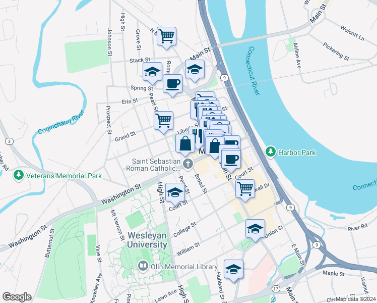 map of restaurants, bars, coffee shops, grocery stores, and more near 5 Glover Place in Middletown