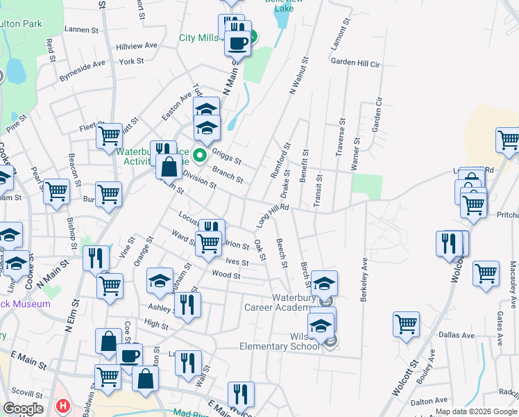 map of restaurants, bars, coffee shops, grocery stores, and more near 37 Long Hill Road in Waterbury