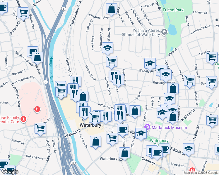 map of restaurants, bars, coffee shops, grocery stores, and more near 78 Chestnut Avenue in Waterbury