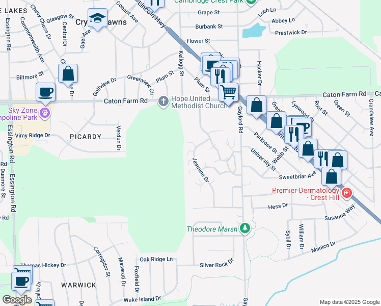 map of restaurants, bars, coffee shops, grocery stores, and more near 2505 Lotus Lane in Crest Hill