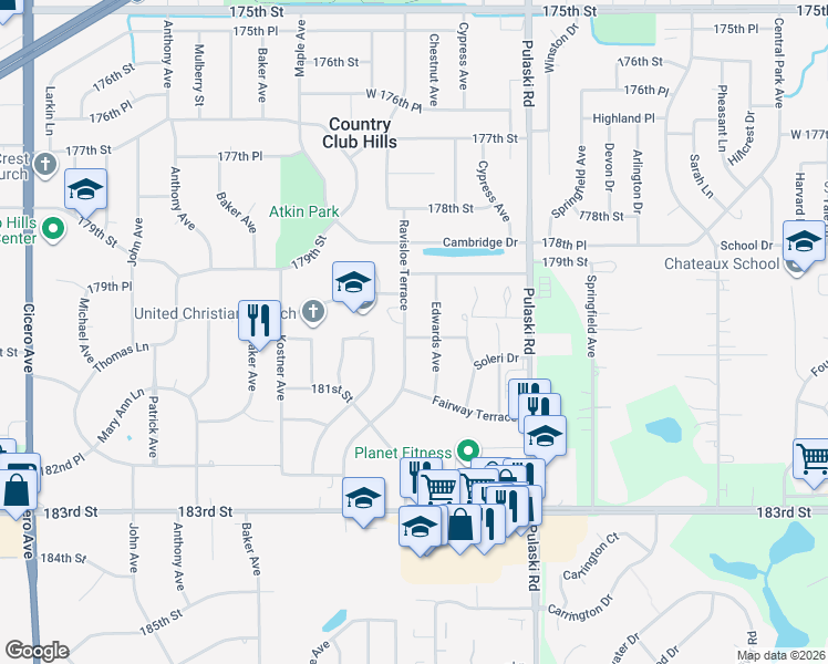 map of restaurants, bars, coffee shops, grocery stores, and more near 18017 Ravisloe Terrace in Country Club Hills