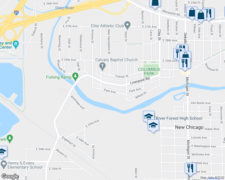 map of restaurants, bars, coffee shops, grocery stores, and more near 4208 Park Avenue in Gary
