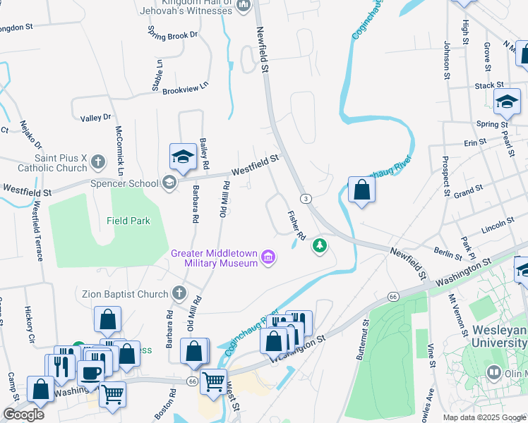map of restaurants, bars, coffee shops, grocery stores, and more near 39 Meech Road in Middletown