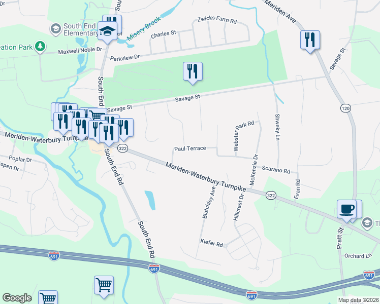 map of restaurants, bars, coffee shops, grocery stores, and more near 73 Paul Terrace in Southington